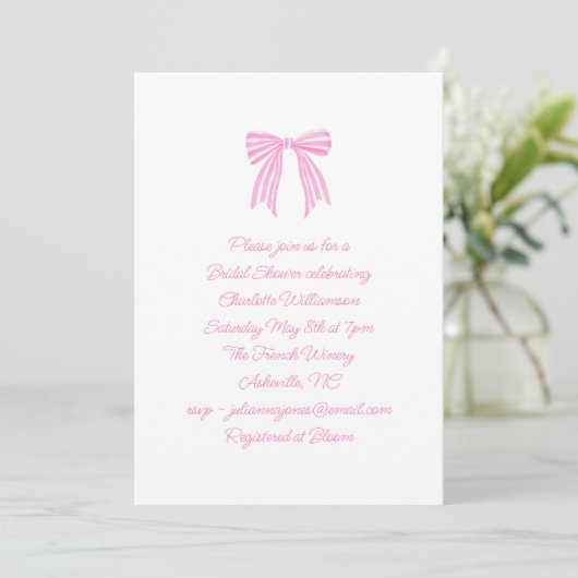 Cute Script Coquette Bow Pink Stripe Bridal Shower Kaart (Staand voorkant)