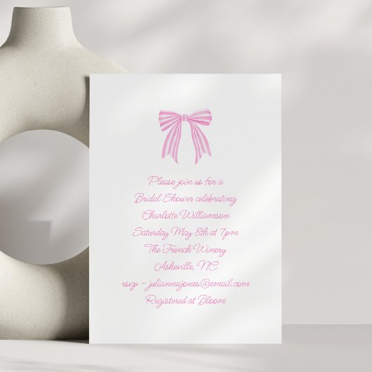 Cute Script Coquette Bow Pink Stripe Bridal Shower Kaart