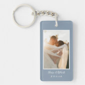 Cute Script Dusty Blue Wedding Jubileum Foto Sleutelhanger (Voorkant)