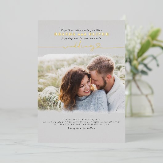 Cute Script Elegant Photo Overlay Gray Weddenschap Folie Uitnodiging (Staand Voorkant)
