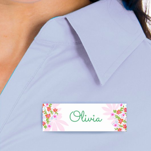 Cute Script Floral Employee Name Tag