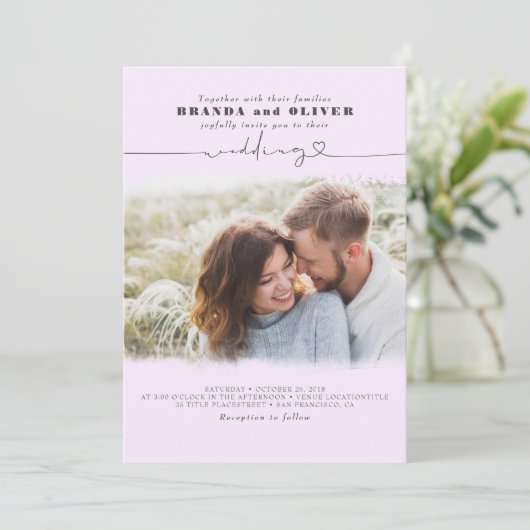 Cute Script Light Paars Photo Overlay Wedding Kaart (Staand voorkant)
