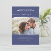 Cute Script Navy Blue Photo Overlay Wedding Kaart (Staand voorkant)