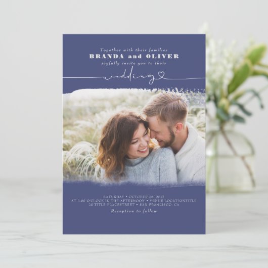 Cute Script Navy Blue Photo Overlay Wedding Kaart (Staand voorkant)