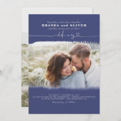 Cute Script Navy Blue Photo Overlay Wedding Kaart (Voorkant / Achterkant)