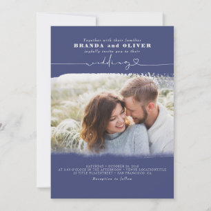 Cute Script Navy Blue Photo Overlay Wedding Kaart
