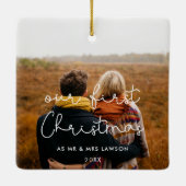 Cute script Ons eerste kerstpaar foto Keramisch Ornament (Achterkant)
