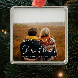 Cute script Ons eerste kerstpaar foto Metalen Ornament