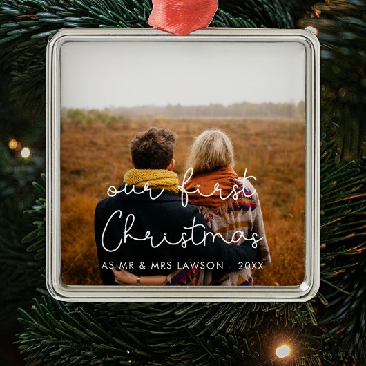 Cute script Ons eerste kerstpaar foto Metalen Ornament