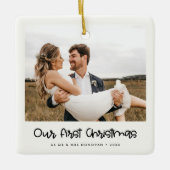 Cute script Onze eerste kerstfoto Keramisch Ornament (Voorkant)