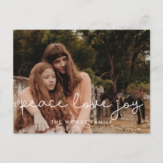 Cute script Peace Love Joy Feestdagenkaart (Voorkant)