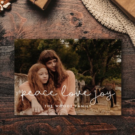 Cute script Peace Love Joy Feestdagenkaart