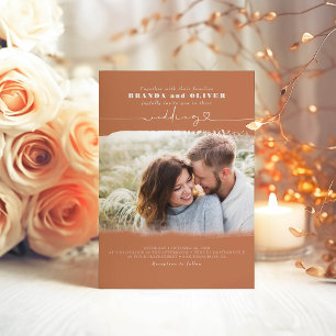 Cute Script Terracotta Photo Overlay Wedding Kaart