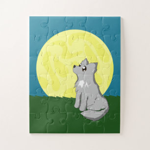 Cute Scruffy Wolf met Moon Kinder Puzzle Legpuzzel