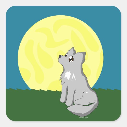 Cute Scruffy Wolf met Moon Vierkante Sticker (Voorkant)