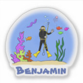 Cute scuba diver sea life cartoon illustration sticker (Voorkant)