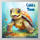 Cute Sea Turtle in the Ocean Cartoon Personalized Poster (Voorkant)