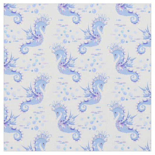 Cute Seahorse Blue White Paars Pattern Stof (Close Up)