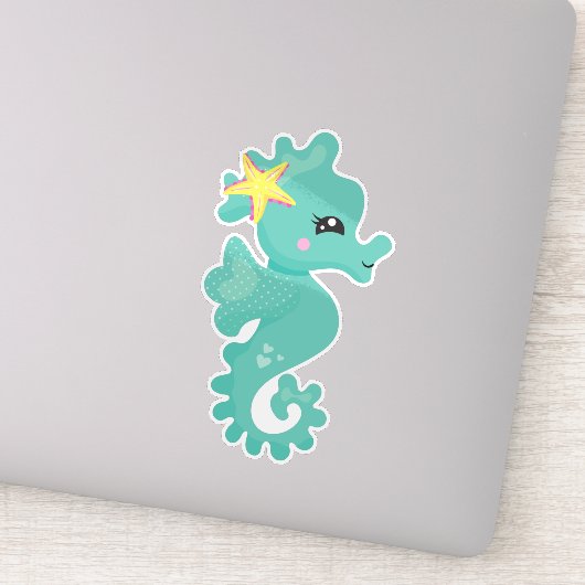 Cute Seahorse, Green Seahorse, Starfish, Hearts Sticker (Detail)