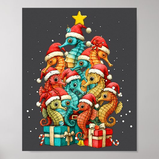 Cute Seahorse Le Sea Fish Christmas Tree Xmas Hat  Poster (Voorkant)