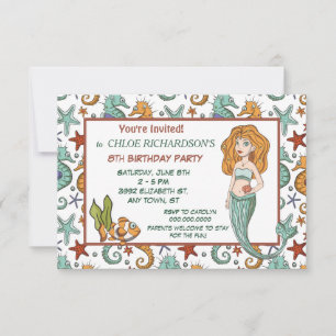 Cute Seahorse Mermaid Birthday Party Invitation Kaart