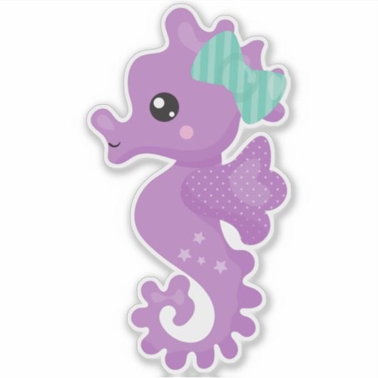 Cute Seahorse, Paarse Seahorse, Ribbon, sterren Sticker (Voorkant)