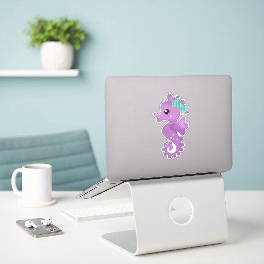 Cute Seahorse, Paarse Seahorse, Ribbon, sterren Sticker (Laptop op bureau)