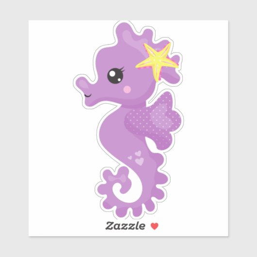 Cute Seahorse, Paarse Seahorse, Starfish, Hearts Sticker (Vel)