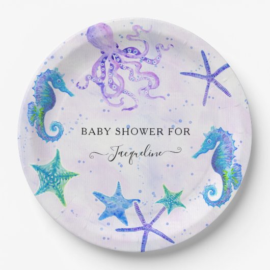 Cute Seahorse Starfish Octopus Seaside Baby shower Papieren Bordje (Voorkant)