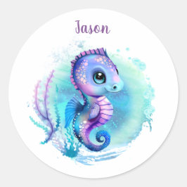 Cute Seahorse Summer Name Boy Ronde Sticker