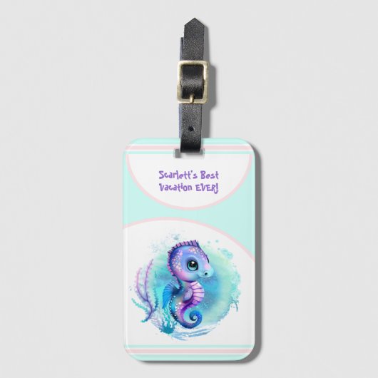 Cute Seahorse Summer Vacation Personalized Girl Bagagelabel (Voorkant (verticaal))