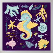 Cute Seahorse underwater Doodle Poster (Voorkant)