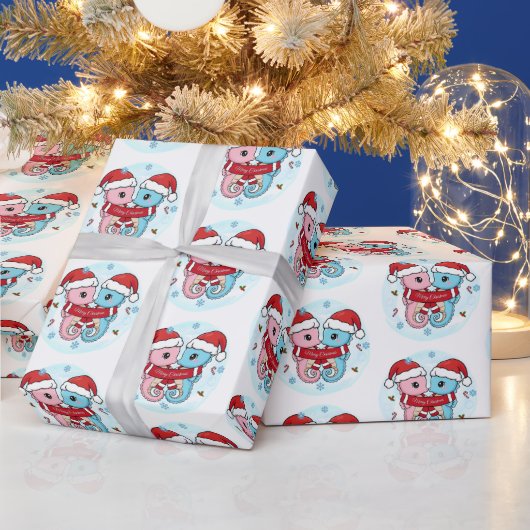 Cute Seahorses Christmas Wrapping Paper Cadeaupapier (Feestdagen)