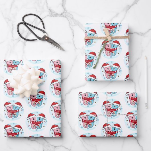 Cute Seahorses Christmas Wrapping Paper Sheets (Voorkant)