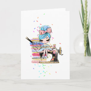 Cute Seamstress Dressmaker Cartoon Naam toevoegen Kaart