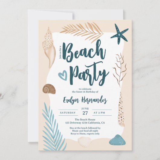 Cute Seashells palm leaf strand party Sweet 16 Kaart (Voorkant)