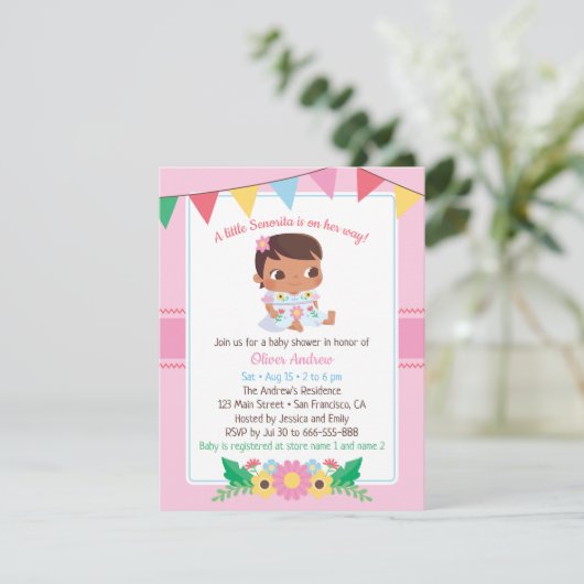 Cute Senorita Girl Floral Fiesta Baby shower Kaart (Staand voorkant)