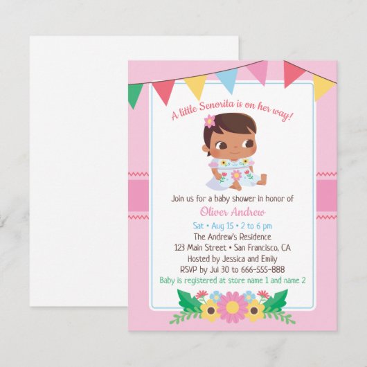 Cute Senorita Girl Floral Fiesta Baby shower Kaart (Voorkant / Achterkant)