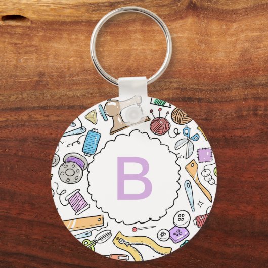 Cute Sewing Craft Doodles Monogram Sleutelhanger (Voorkant)