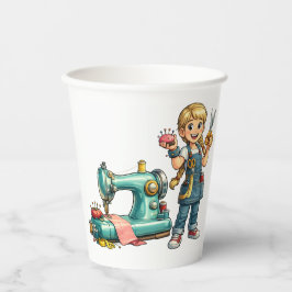 Cute Sewing Girl Cartoon with Vintage Machine Papieren Bekers