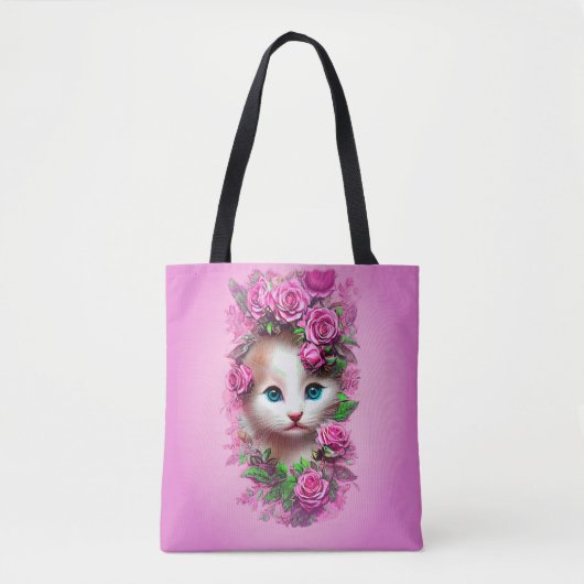 Cute Shabby Chic Kitten, Roze Rose Tote Bag (Voorkant)