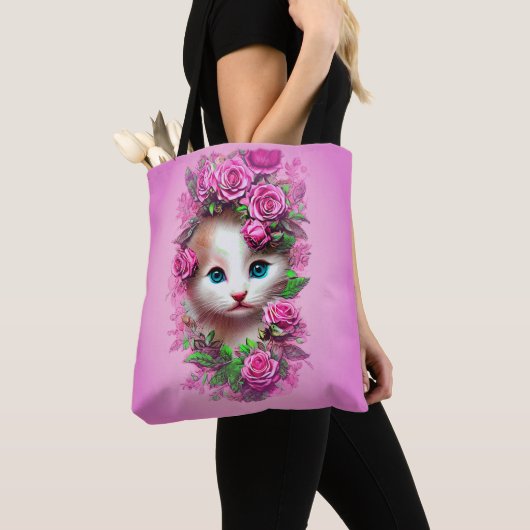 Cute Shabby Chic Kitten, Roze Rose Tote Bag (Dichtbij)