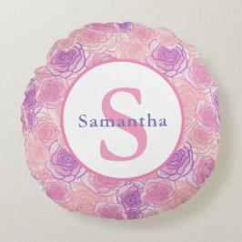 Cute Shabby Pink Roses Gepersonaliseerd Monogram Rond Kussen