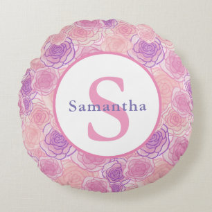 Cute Shabby Pink Roses Gepersonaliseerd Monogram Rond Kussen