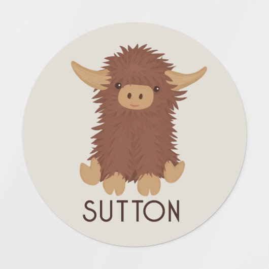 Cute, shaggy Highland koe, aangepast ontwerp Labels (Design 2)