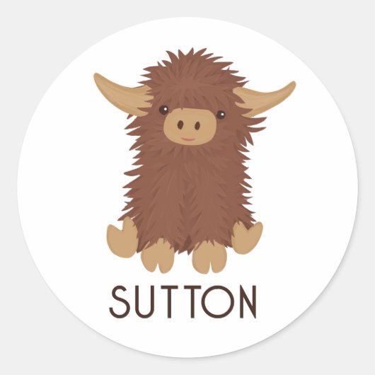 Cute, shaggy Highland koe, aangepast ontwerp Ronde Sticker (Voorkant)