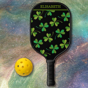 Cute Shamrock Pattern Green en Black Custom Name Pickleball Paddle