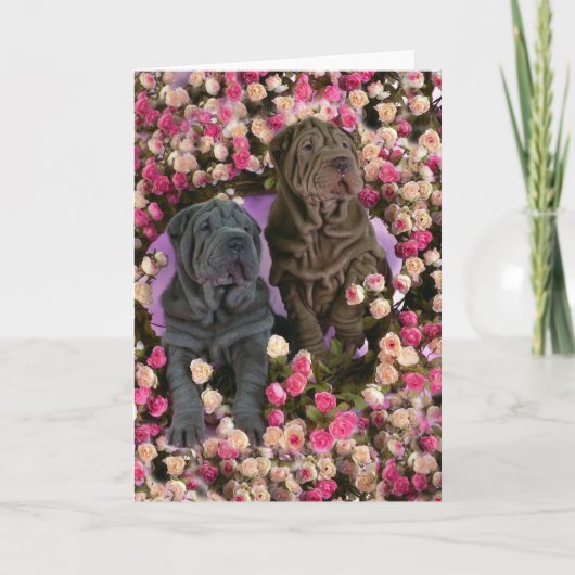 Cute Shar pei puppies in a bed of roses Feestdagen Kaart (Voorkant)