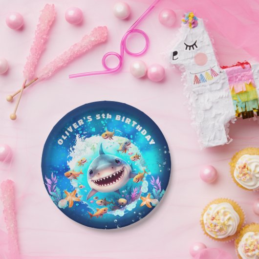 Cute Shark Boy Birthday Party Papieren Bordje (Feest)