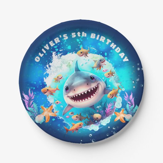 Cute Shark Boy Birthday Party Papieren Bordje (Voorkant)
